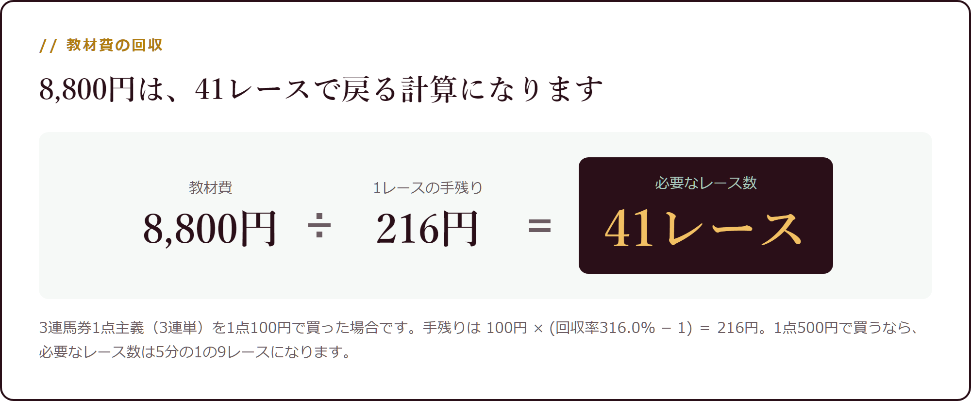 教材費 ÷ 1レースの期待手残り